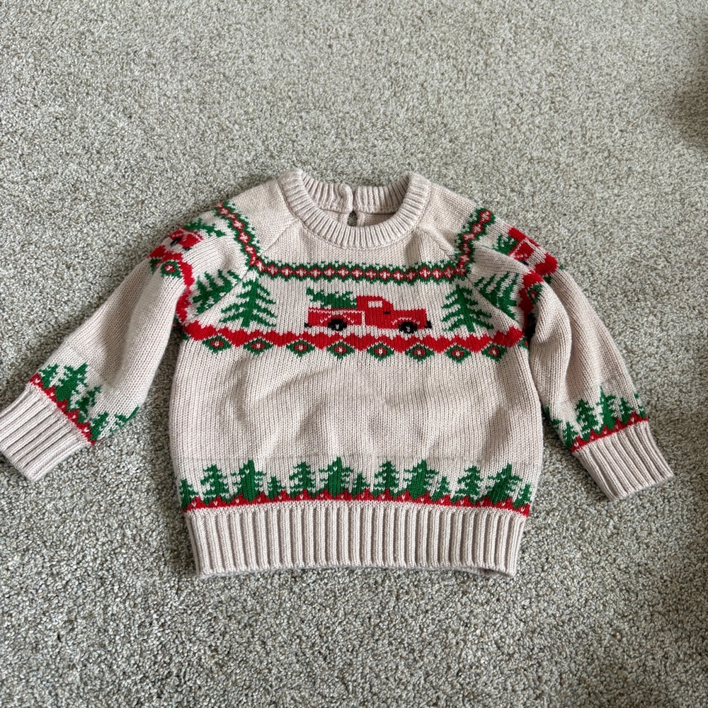 Baby Knit Christmas Sweater Truck Trees Size 9-12 m Tan Red